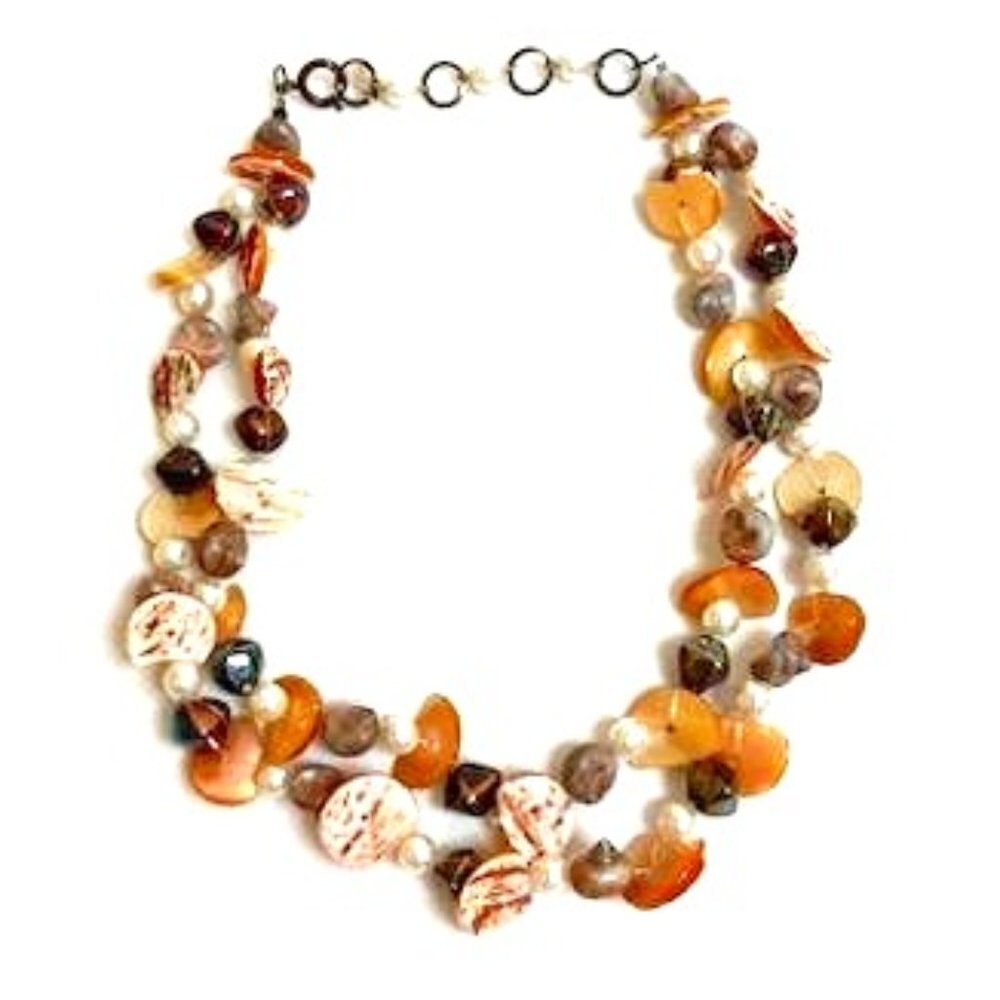 Double Strand Coral & Red Colored Shell Beaded Necklace Silver Toned Metal Clasp